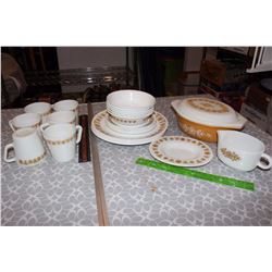 Pyrex & Corelle Butterfly Gold Dishware (Casserole& Gravy Boat w/Tray& 6 Person Dinnerware)