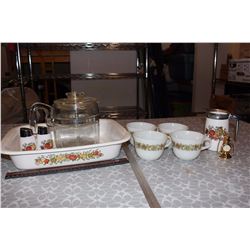 Vintage Glass Pyrex Coffee Pot, Pyrex Tea Cups, Salt&Pepper Shakers, Dish, Etc;