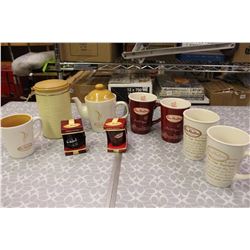 Tim Horton’s Collection (Mugs (5), Tea pot, Canister& Christmas Ornaments (2))