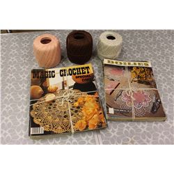 1950’s Doilies& Edging Pattern Booklets (17)& 1980’s Crochet Pattern Magazines (7) w/Cotton Yarn (3)