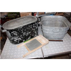 Metal Pails (2)& Wooden Washboard