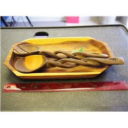 Wooden Platter W/ Two Wooden Utensils