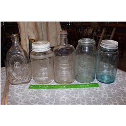 Lot of Glass Jars (5)(Mason Fruit Jar, Nabob, Crown Imperial, Etc;)