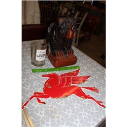 Wooden Bear, Metal Horse Sign& O’Keefe’s Extra Old Stock Glass Mug