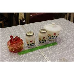 Matching Milk Glass Salt&Pepper w/Serving Bowl& Goose Red&Yellow Serving Bowl