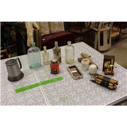 Lot of Vintage Misc. (Bottles, Clay Tools, Sharpener Wooden Spigot, Etc;)