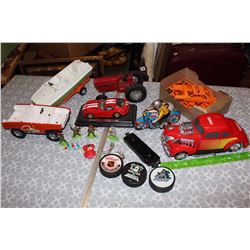 Lot of Toy Vehicles& Misc. (Tonka Car Model, Tin Motorcycle Man, Red Tractor, Hockey Pucks, Etc;)