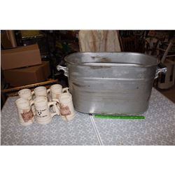 Metal Pail (26”x12”x13”) w/Misc. & “This is Stein” Mugs (6)
