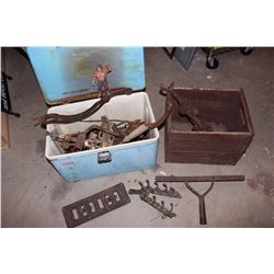 Metal Coleman Cooler, Wooden Box, Various Metal Wrenches& Tools