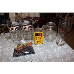 A&W Mugs(2), Coors Light Mug, Great Western Glass, Sapho Insecticide, Glass Candies, Etc