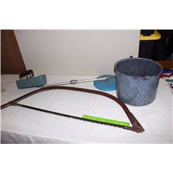 Enamelware Pail, Buck Saw& Relco Industries Coin Ranger