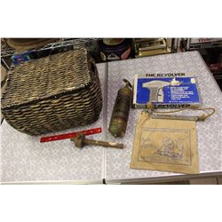 Basket, Antique Brass Pyrene Fire Extinguisher, Water Bag, Etc