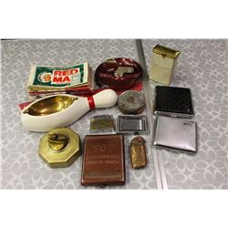 Lot of Tobacco& Cigarette Related. (Paper Tobacco Packages, Ashtrays, Lighters, Containers)