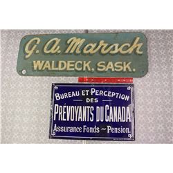 Bureau Et Perception Des “Prevoyants Du Canada” Assurance Fonds-Pension Sign(18”x12”)& G.A. Marsch W