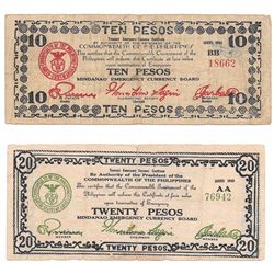 Two Philippines emergency war currency 1943, 10 and 20 peso notes