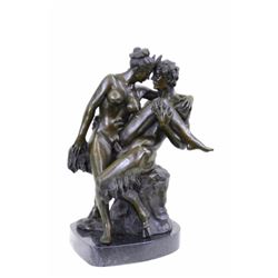 Nude Erotic Nymph With Satyr Bronze Sculpture on marble base