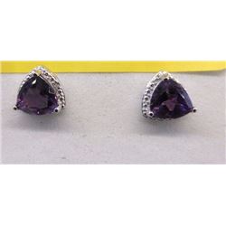 EARRINGS- TRILLION FACETED RICH DEEP PURPLE AMETHYST & DIAMOND IN STERLING SILVER SETTING - RETAIL E