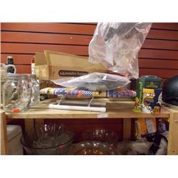 SHELF LOT OF COLLECTABLE & HOUSE HOLD - INCLUDING MASONARY MUGS, COLLECTABE TINS AND MORE