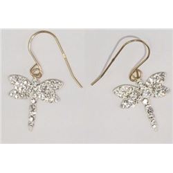 EARRINGS - NEW CUBIC ZIRCONIA IN 10K YELLOW GOLD DRAGON FLY DESIGN SETTING - RETAILI ESTIMATE $350