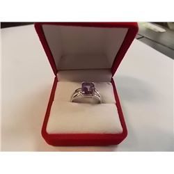 RING -EMERALD FACETED PURPLE AMETHYST & 2 DIAMONDS IN STERLING SILVER SETTING - ESTIMATED RETAIL $45