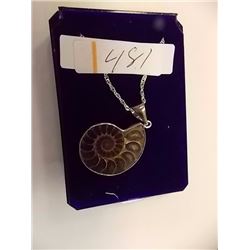 NECKLACE - GENUINE PREHISTORIC AMMONITE FOSSIL IN STERLING SILVER SETTING - ON ROPE