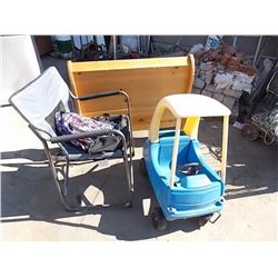 CAMP CHAIR, RED RIDE CAR, PINE BOARD