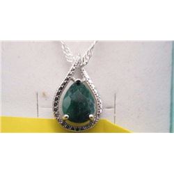 NECKLACE - 1.75 CTW PEAR FACETED EMERALD & DIAMONDS IN STERLING SILVER SETTING - INCLUDES CERTIFICAT