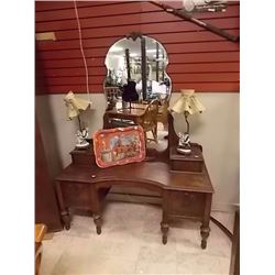 VINTAGE WALNUT DRESSER / VANITY - 1920'S - WITH MIRROR AND SHOULDER NOOKS