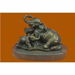 Elephant Mom with Two Cubs Bronze Sculpture on Marble Base Figurine