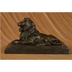 African Lion Roaring Bronze Sculpture on Marble Base Statue
