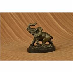 African Elephant With Trunk Up Bronze Statue on Marble Base Sculpture