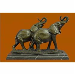 Two Walking African Elephants Bronze Sculpture on Marble Base Figure