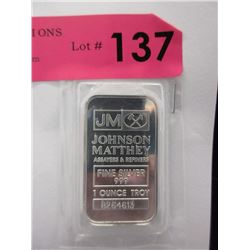 1 Oz. .999 Fine Silver Johnson Matthey Bar
