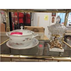 China Tureen with Plate & Glass Candy Dish