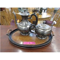 Coffee & Tea Pots w/ Round Wooden Tray ca1910