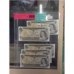 5 "Mint" Canadian 1973 $1 Bills in Sequence