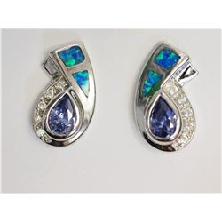 Sterling Silver Synthetic Opal, Sapphire & Cubic Zirconia (approx 3.80g) Number "6" Design Earrings 