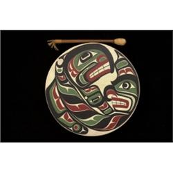 Painted Deerskin Drum with Beater Signed E