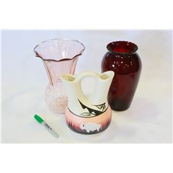SIGNED POTTERY JUG AND TWO GLASS VASES