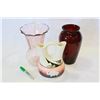 Image 1 : SIGNED POTTERY JUG AND TWO GLASS VASES