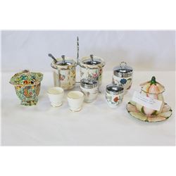 LOT OF EGG CODDLERS AND EGG CUPS AND CONDIMENT DISHES