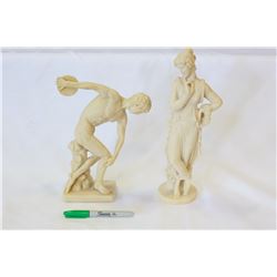 DISCUS THROWER AND ROMAN GODDESS RESIN FIGURES