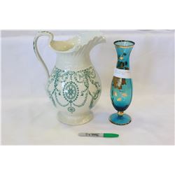 ANTIQUE HANLEY PITCHER AND HAND PAINTED VASE