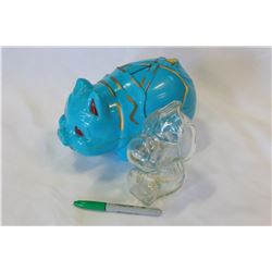 VINTAGE 6" GLASS 1958 SNOOPY PIGGY BANK AND RELIABLE PIGGY BANK