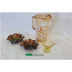 CARNIVAL GLASS BOWLS AND DEPRESSION PITCHER AND DISH