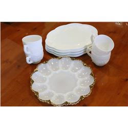 FOUR VINTAGE MILK GLASS SNACK SETS AND EGG TRAY