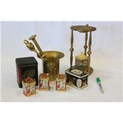 BRASS MORTAR AND PESTLE TEA TINS AND CANDLE HOLDER