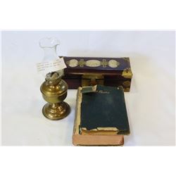 ANTIQUE BOOK OF ROBERT BURNS AND EASTERN BOX AND MINI LANTERN