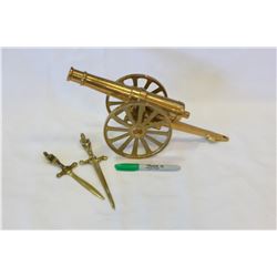 BRASS CANON AND BRASS LETTER OPENERS