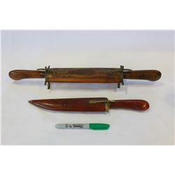 TWO KNIVES IN SHEATH ONE IS FORK AND KNIVE SET